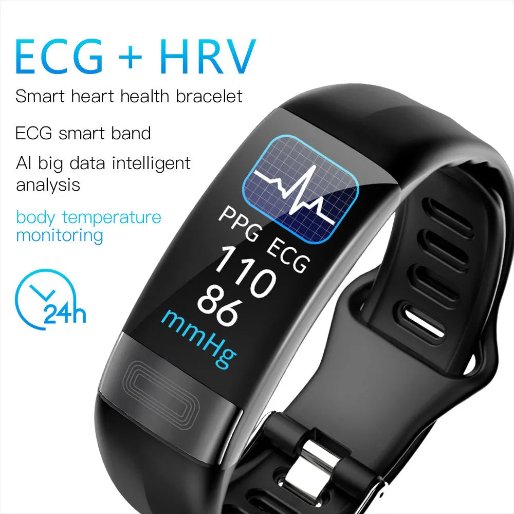 Smart health bracelet with ECG and blood pressure monitoring on wrist in black colour