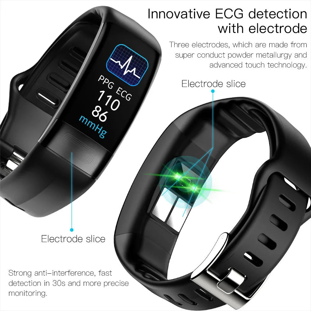 Smart health bracelet with ECG and blood pressure monitoring on wrist in black colour