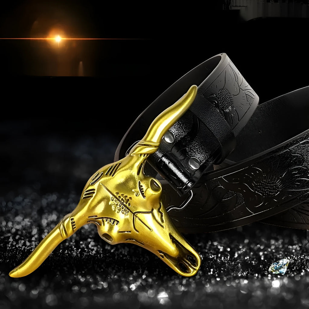 Men's imitation leather belt with a detailed alloy cow head buckle and pin buckle fastener.