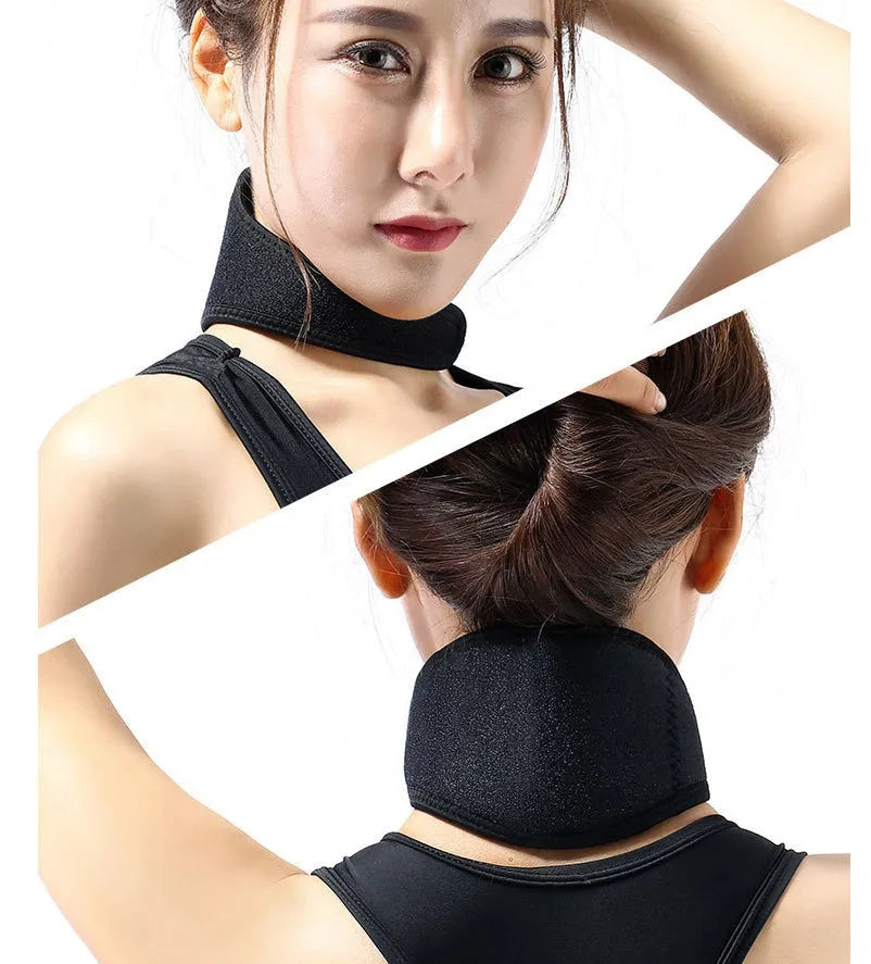 Black self-heating magnetic therapy neck guard with adjustable straps on a flat surface.