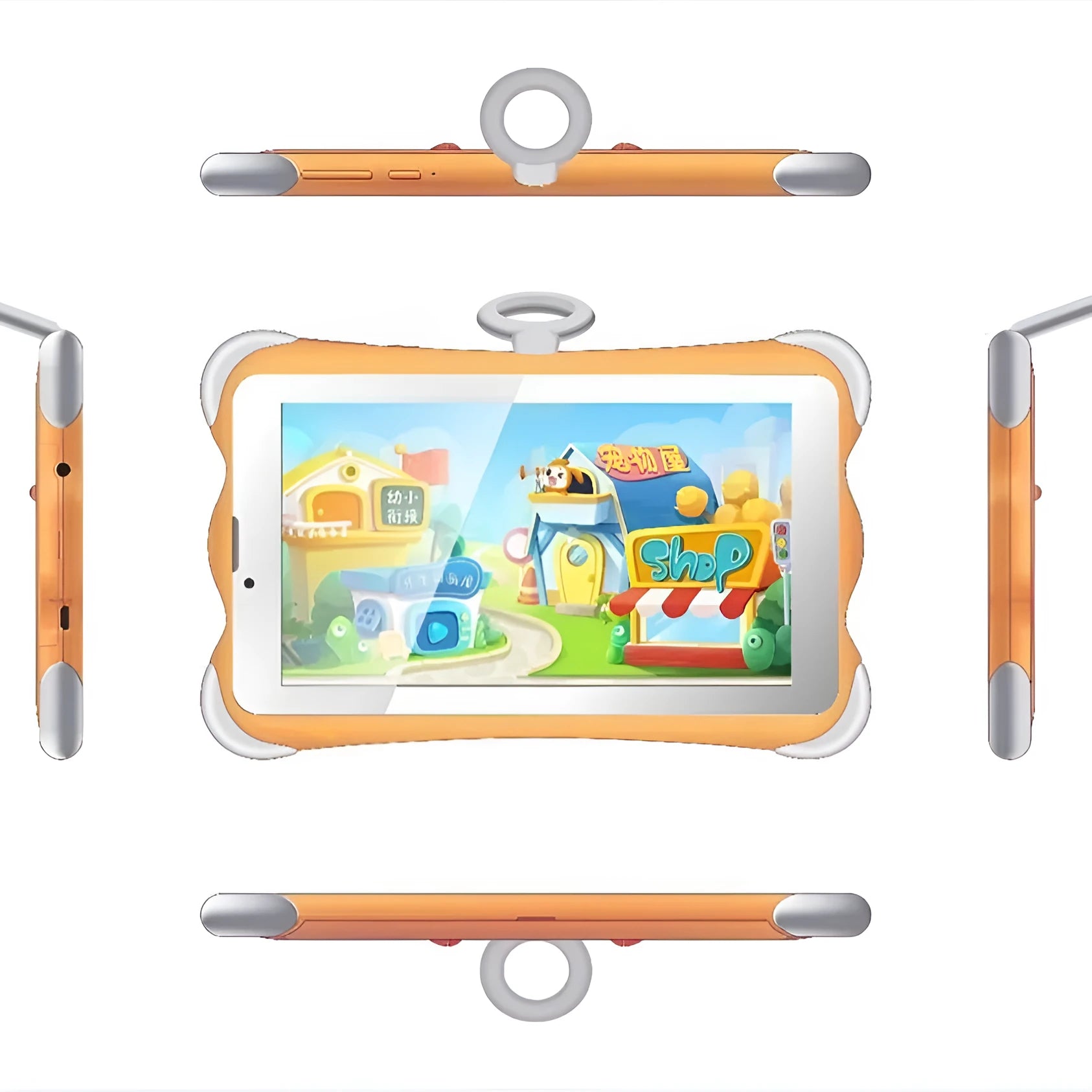 Cartoon-coloured 7-inch children's learning tablet with a protective stand on a table.