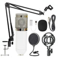 BM-800 condenser studio microphone with electroplated mesh head in choice of colours including black, silver, gold, and pink.