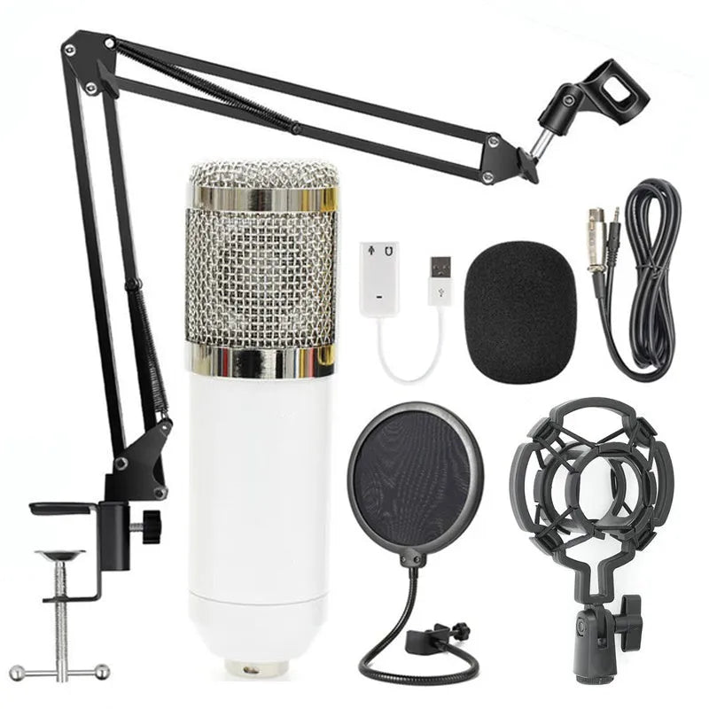 BM-800 condenser studio microphone with electroplated mesh head in choice of colours including black, silver, gold, and pink.