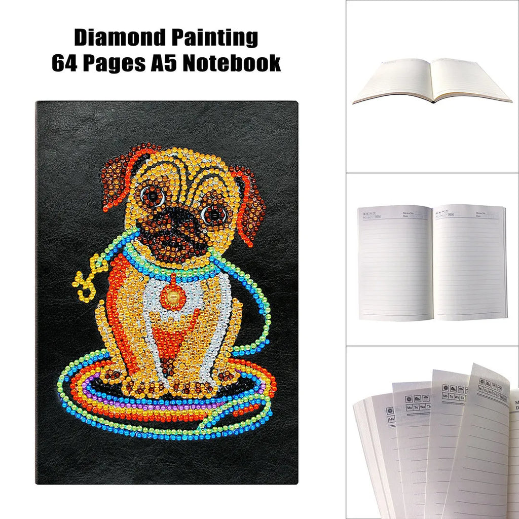 Black A5 DIY diamond painting notebook with blank pages, shown closed and open.