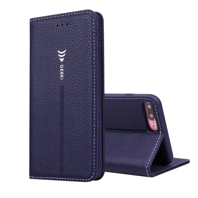 Imported PU leather wallet case for iPhone in black, blue, brown, khaki, or pink with card slot.