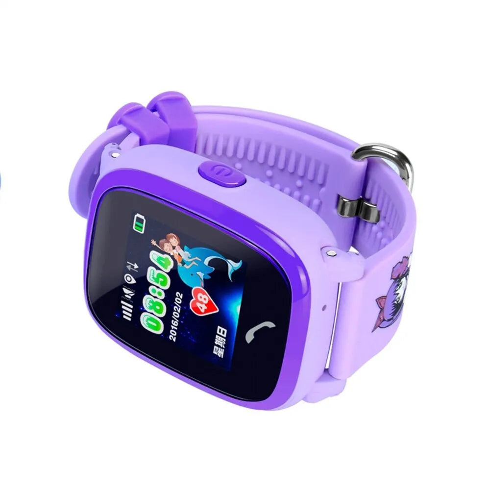 Blue DF25 children's waterproof smartwatch with touch screen displayed on wrist showing time and calling interface