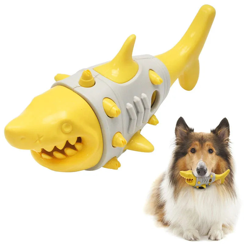 Blue shark-tooth textured dog chew toy for teething puppies on a white background.