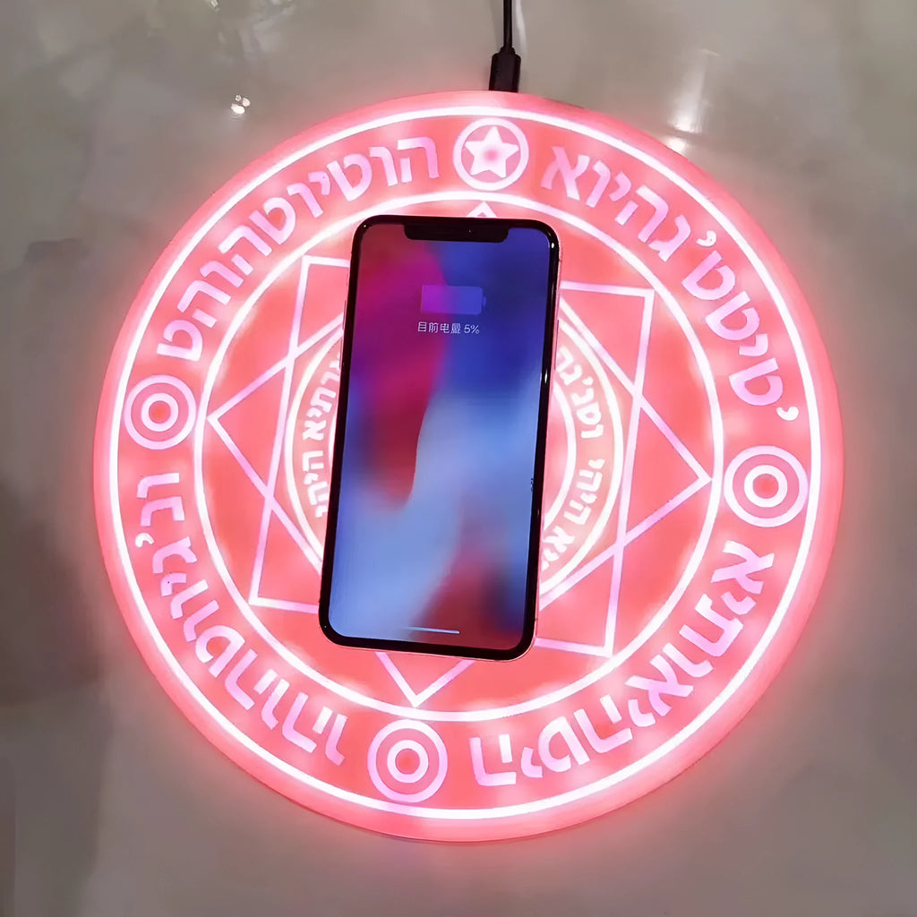 Square 25cm wireless phone charger with magic array light pattern on thin black ABS base