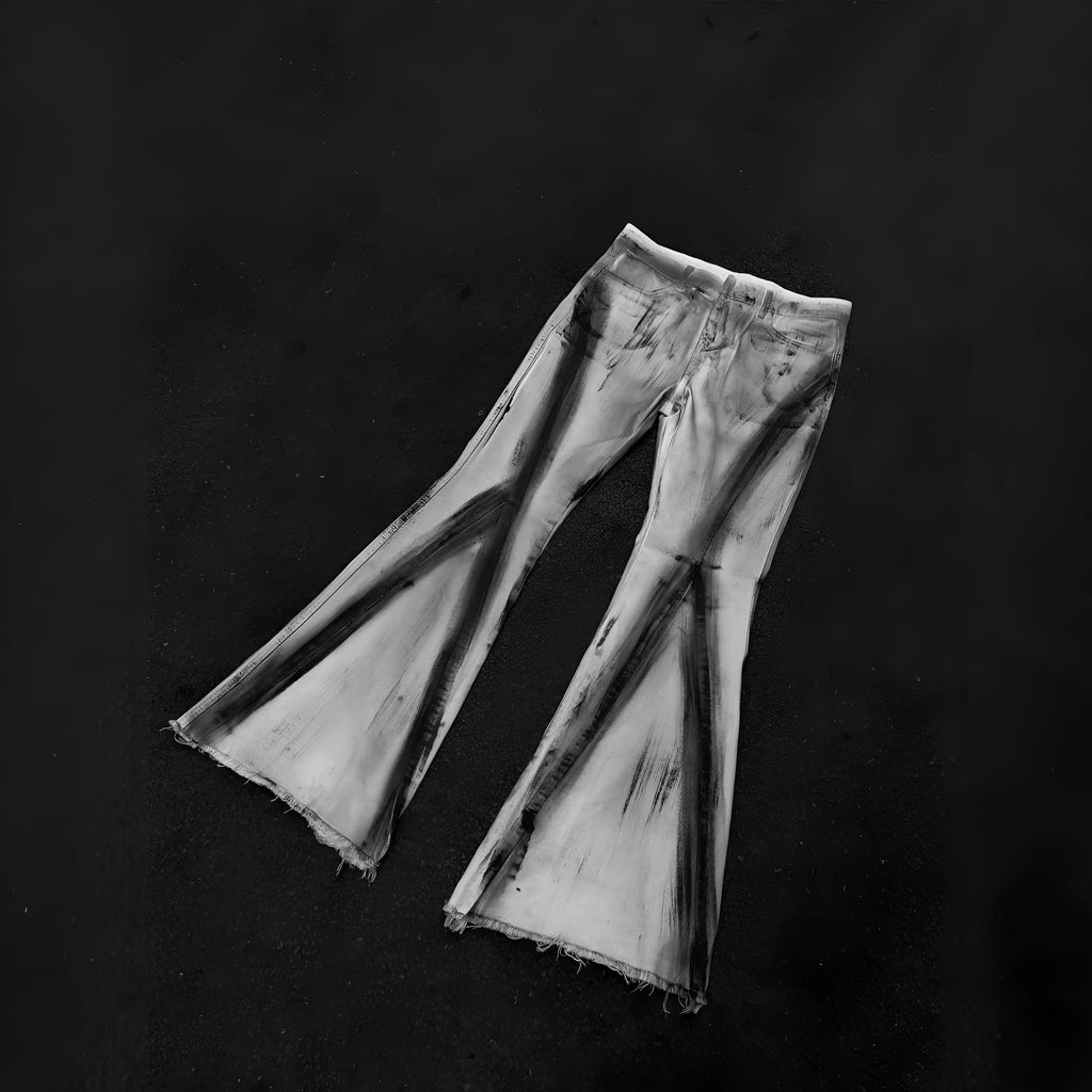 Men's white retro selvedge jeans with black ribbon gradient detailing and a zip fly.