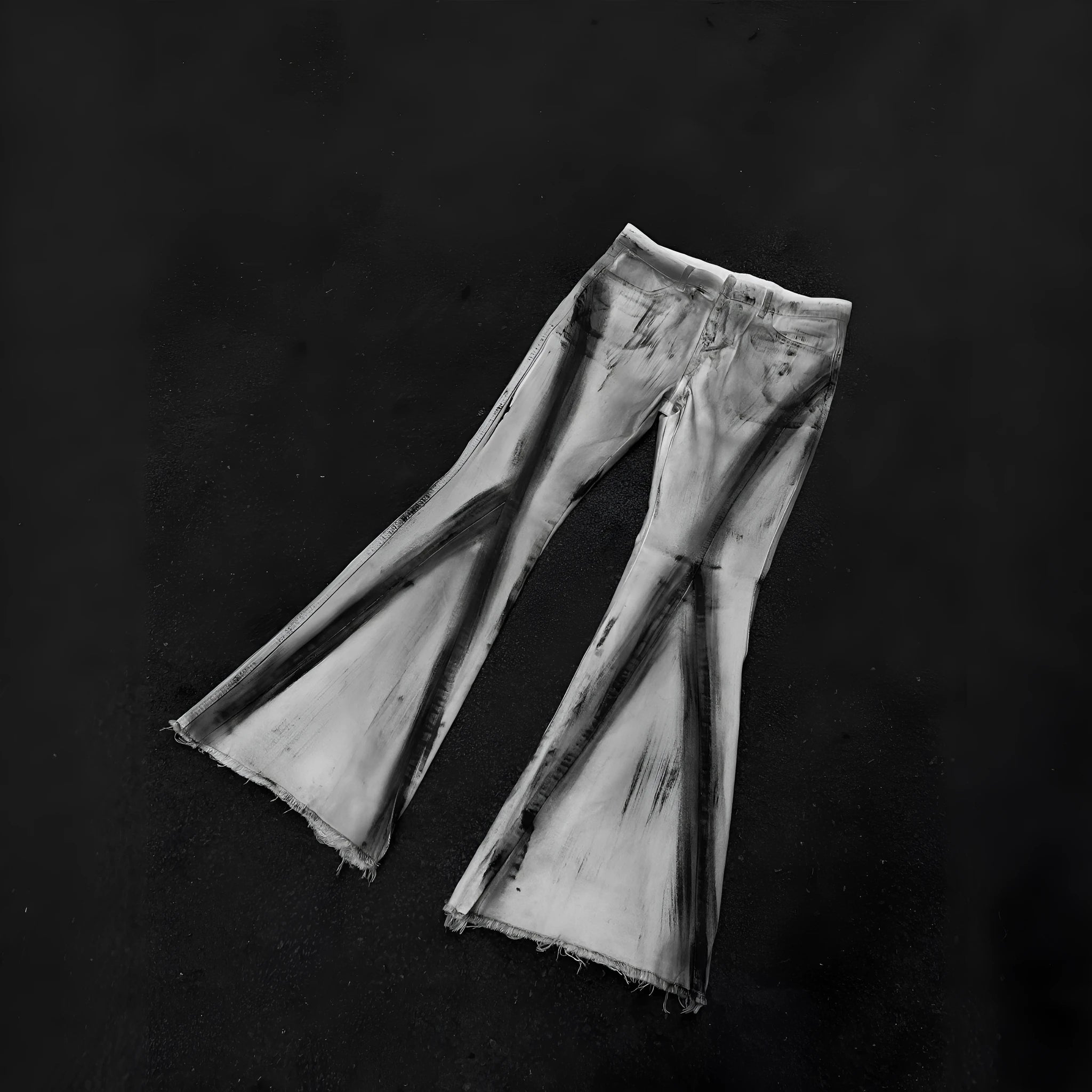 Men's white retro selvedge jeans with black ribbon gradient detailing and a zip fly.