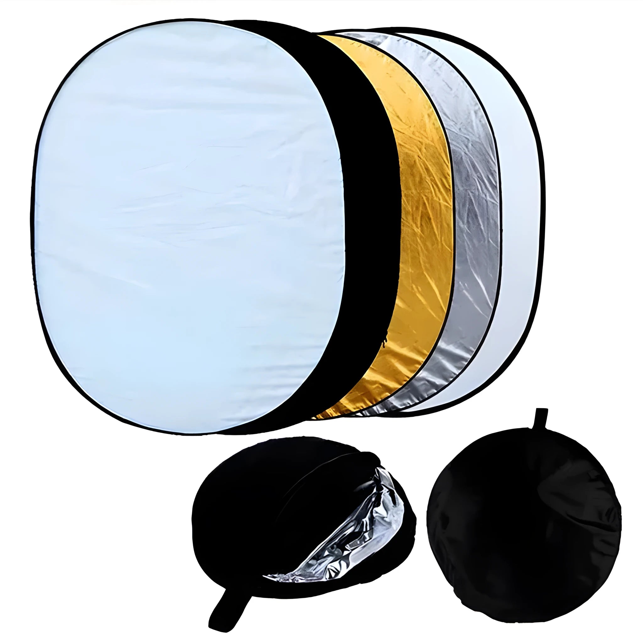 5-in-1 collapsible photography reflector with gold, silver, white, black and translucent surfaces