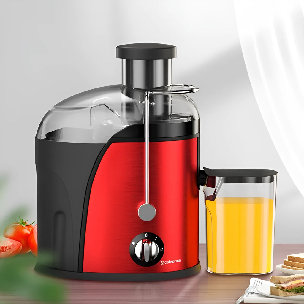 Red multifunctional home juice extractor with stainless steel liner and body, 400ml capacity, 201-500W power.