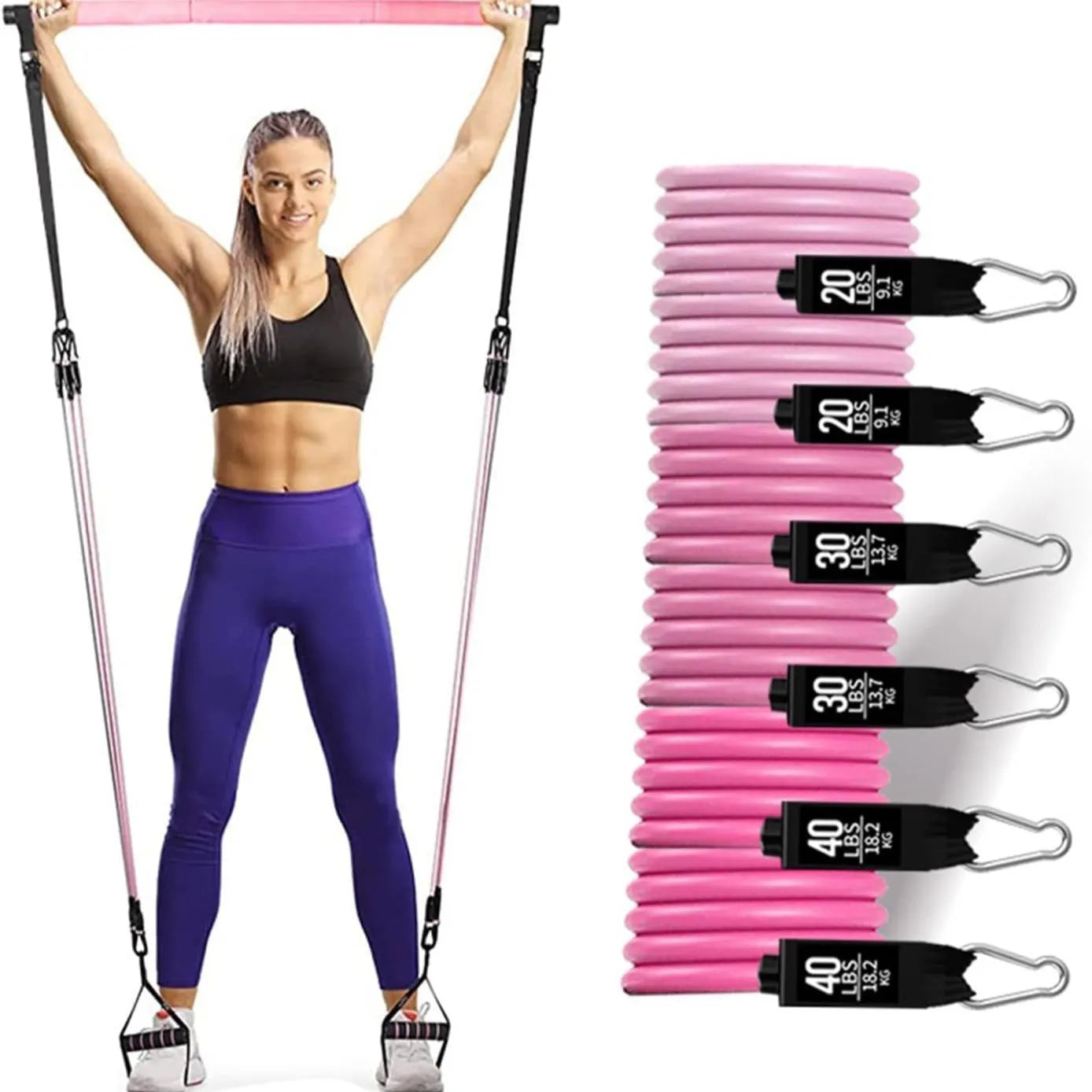 Yoga gymnastic bar set with 180 pound resistance band and pull rope in pink or black TPE material