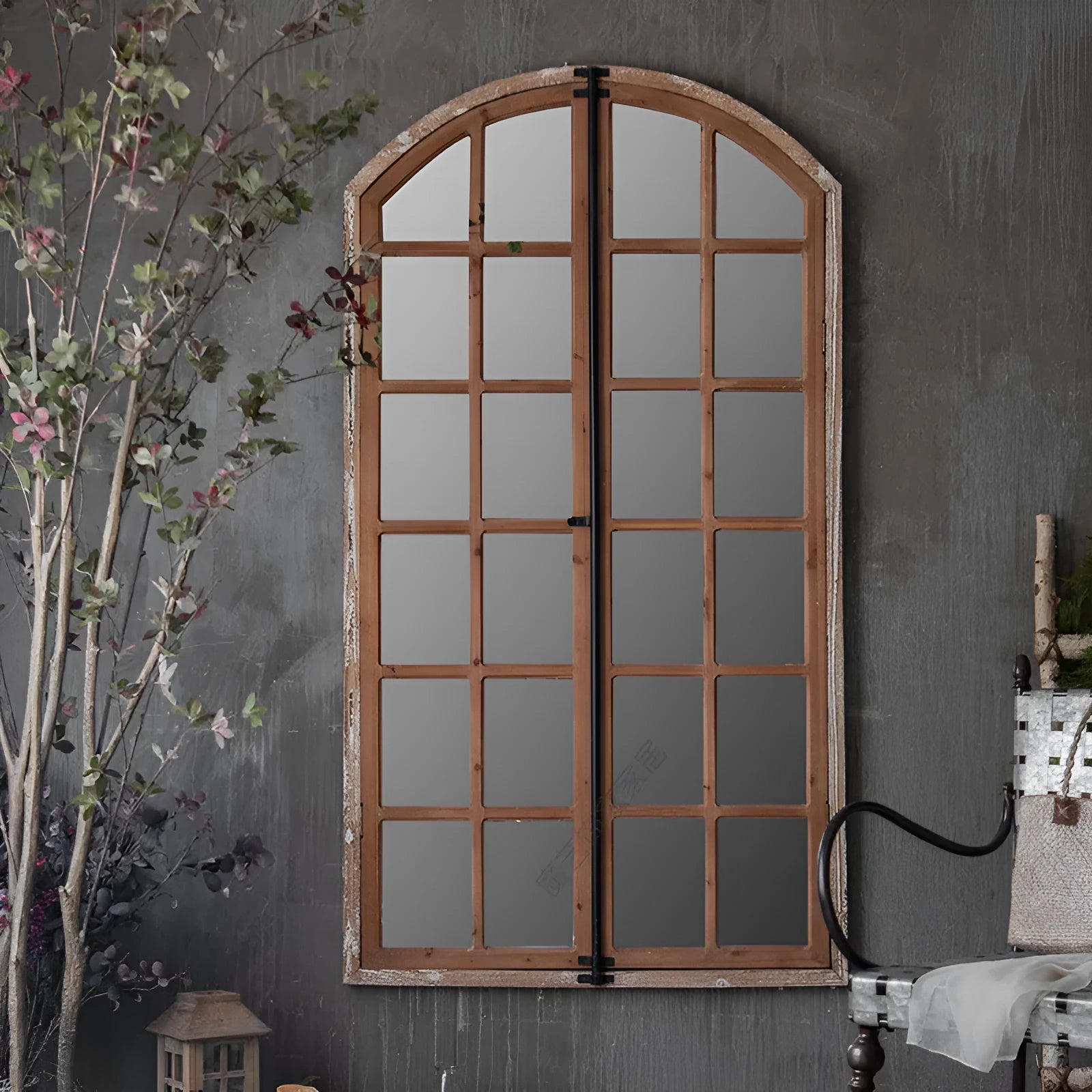 Terrace distressed fake window wall mirror with wooden glass frame in log colour, A316 style