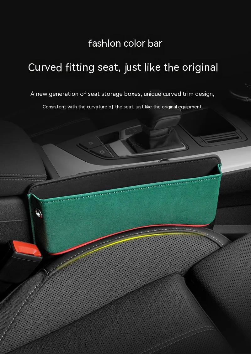 Black leather car seat storage box with a suede finish, shown on a car rear seat.