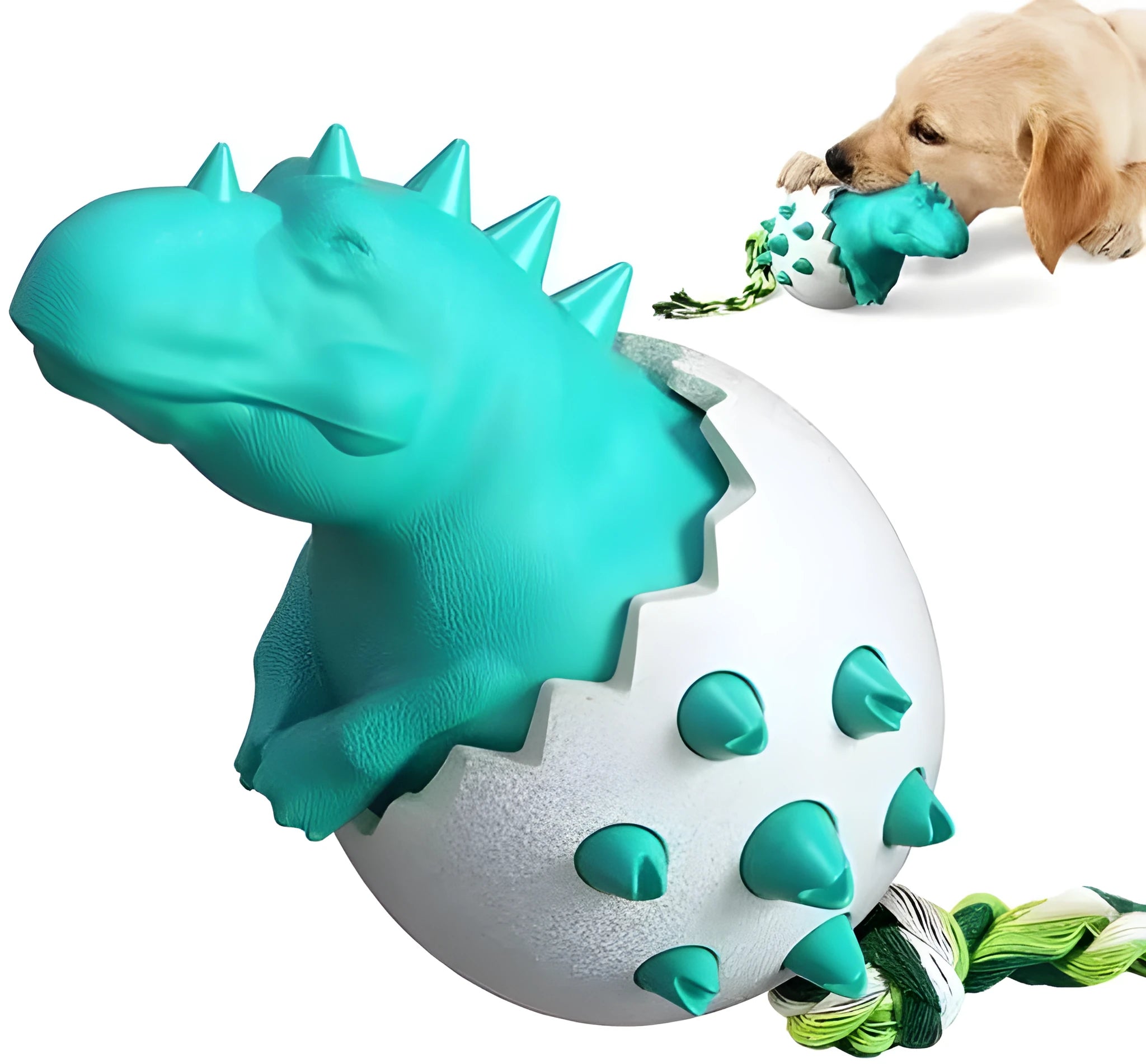 Blue dinosaur-shaped dog chew toy with textured rubber surface and attached nylon rope