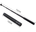 Black retractable selfie stick with stabilizer grip extended to full length with phone attached