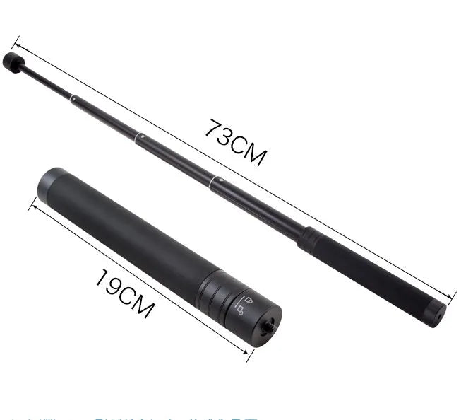 Black retractable selfie stick with stabilizer grip extended to full length with phone attached