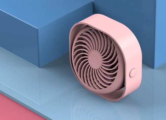 USB desk fan with alarm clock display in blue, showing 360-degree rotation capability.