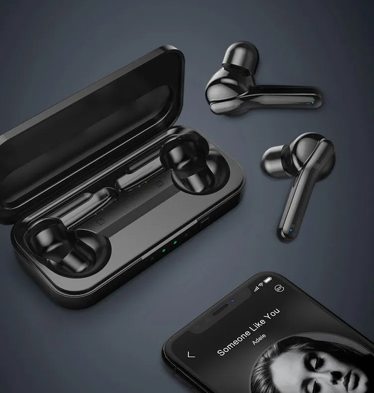 Black and white TWS Bluetooth wireless earbuds with IPX5 waterproof rating
