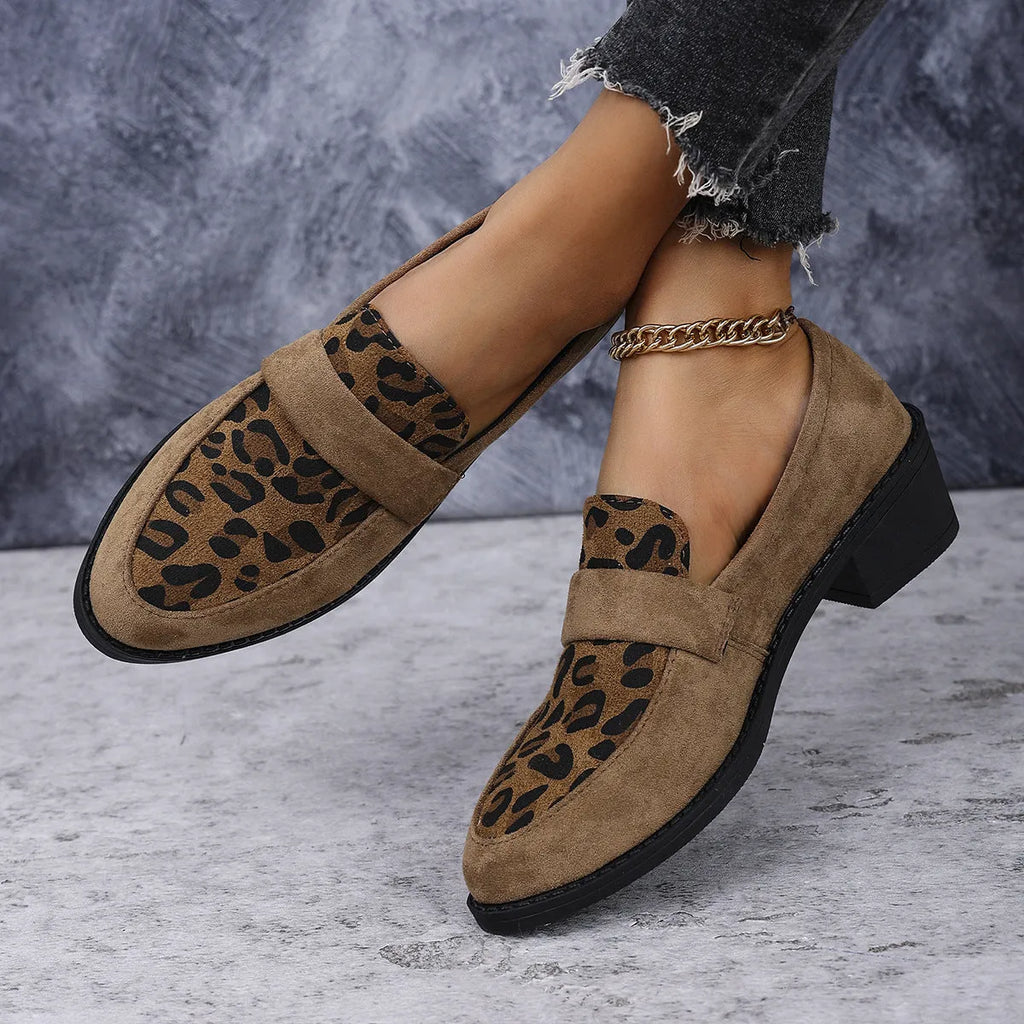 Leopard print suede casual pumps with chunky heel and pointed toe in three colour options
