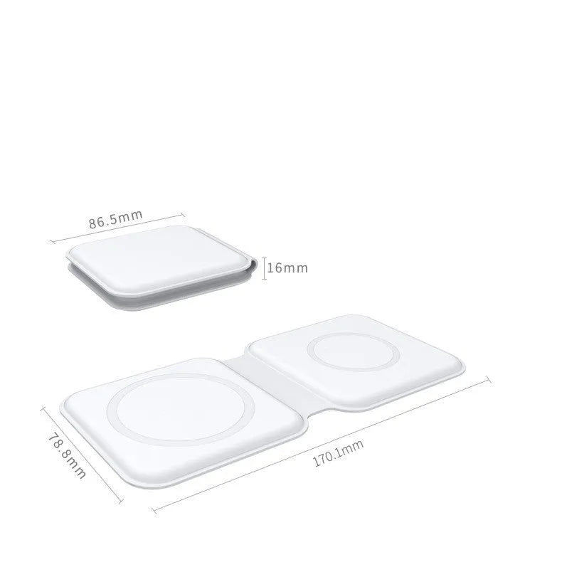 White foldable magnetic wireless charging dock showing dual charging surfaces and compact folded design