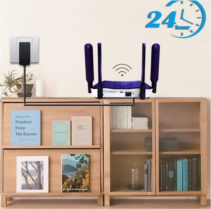 Blue 4G dual-mode router with four antennas showing front panel and connectivity ports