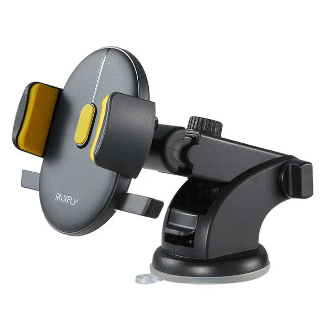 Yellow and black telescopic car phone holder with suction cup mounted on a car dashboard