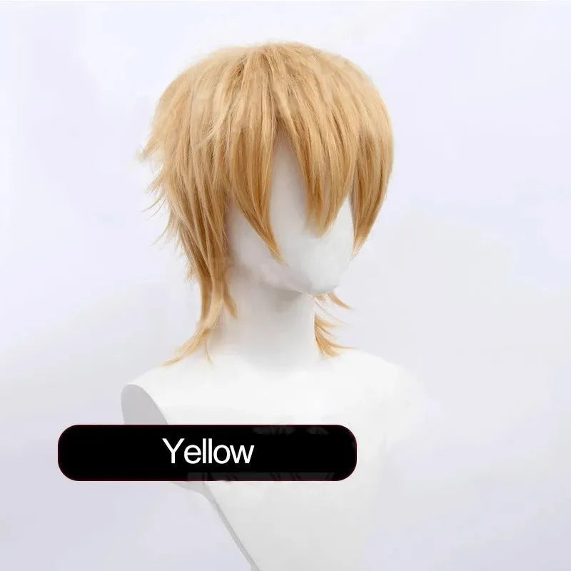 Men's short anime cosplay wig in multiple colours made from heat-resistant synthetic fibre