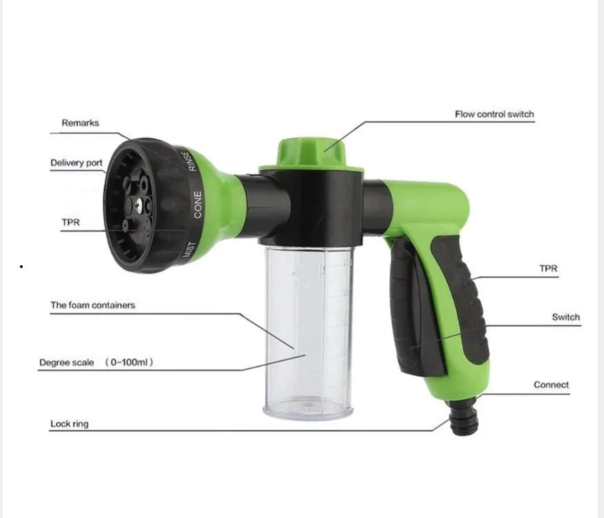 Green high pressure foam spray gun with multiple spray pattern settings and hose connection