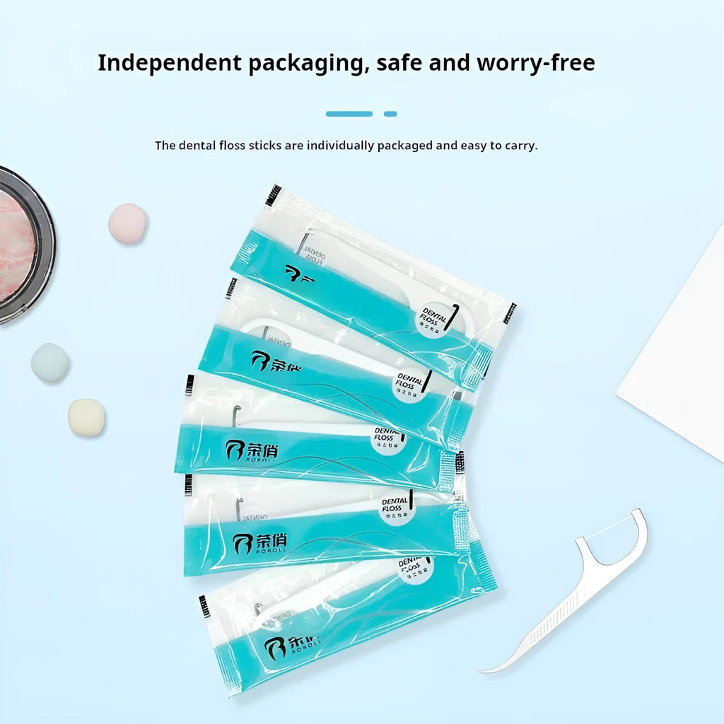 Independently packaged dental floss with 100 single-use packets in portable plastic bag