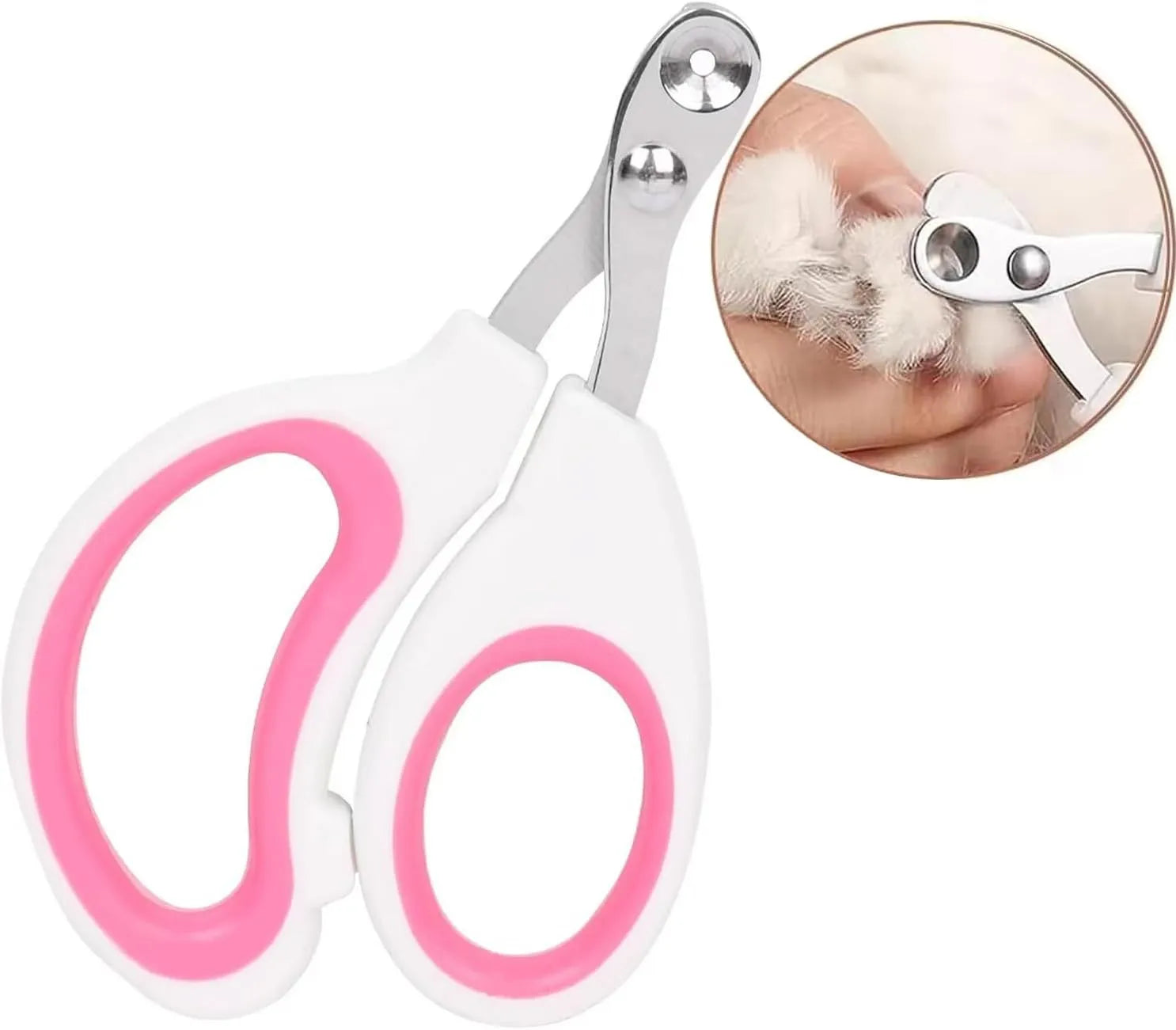 Blue handled cat nail clippers with circular cutting hole and stainless steel blade