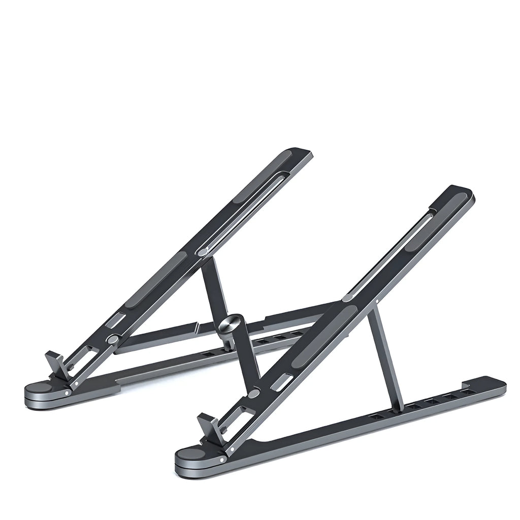 Aluminium laptop stand folded flat next to an open laptop showing adjustable height settings.