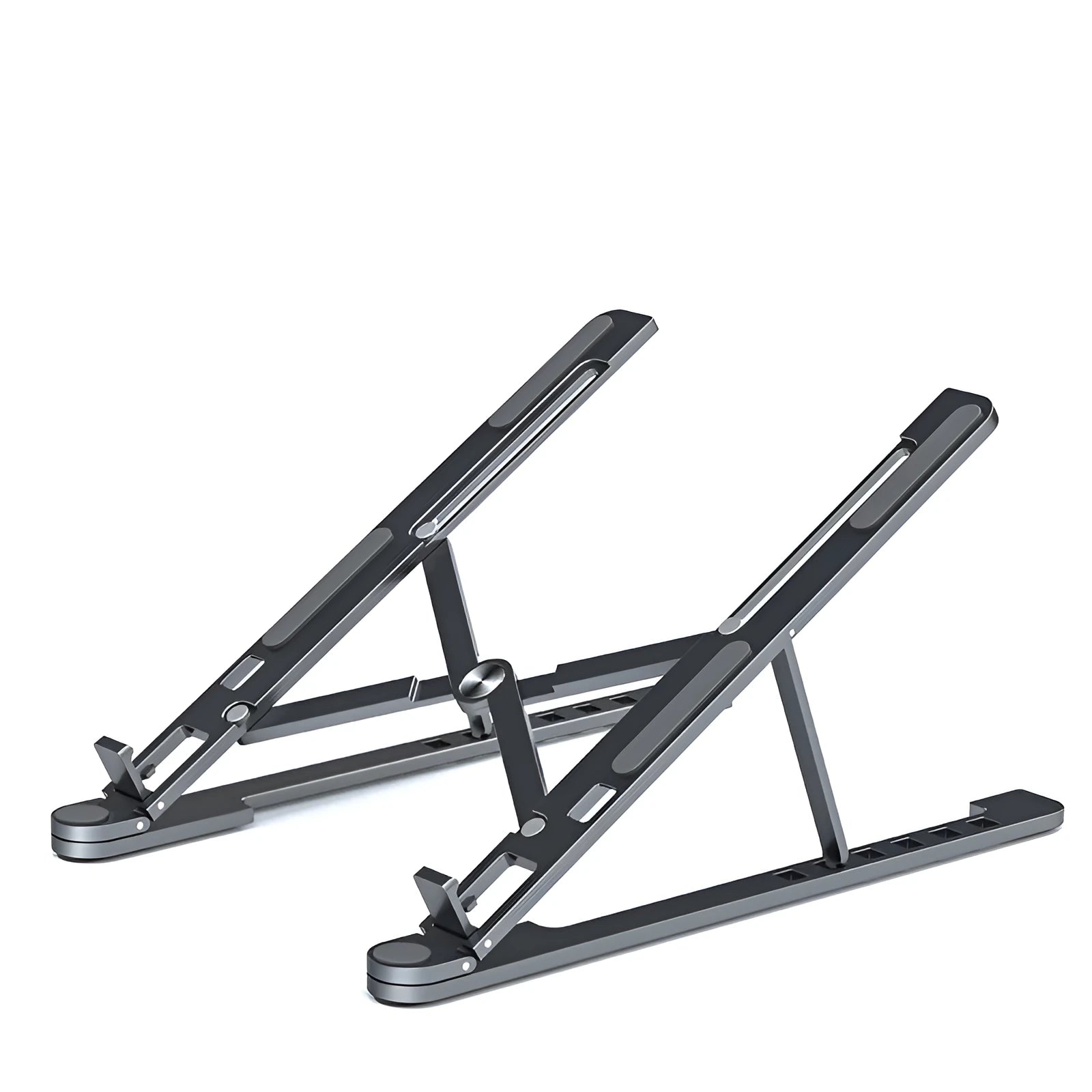 Aluminium laptop stand folded flat next to an open laptop showing adjustable height settings.