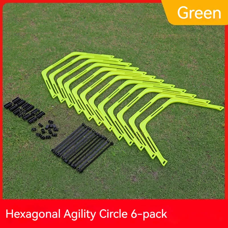 Set of six foldable yellow, green, and orange hexagon plastic agility training rings for football drills.