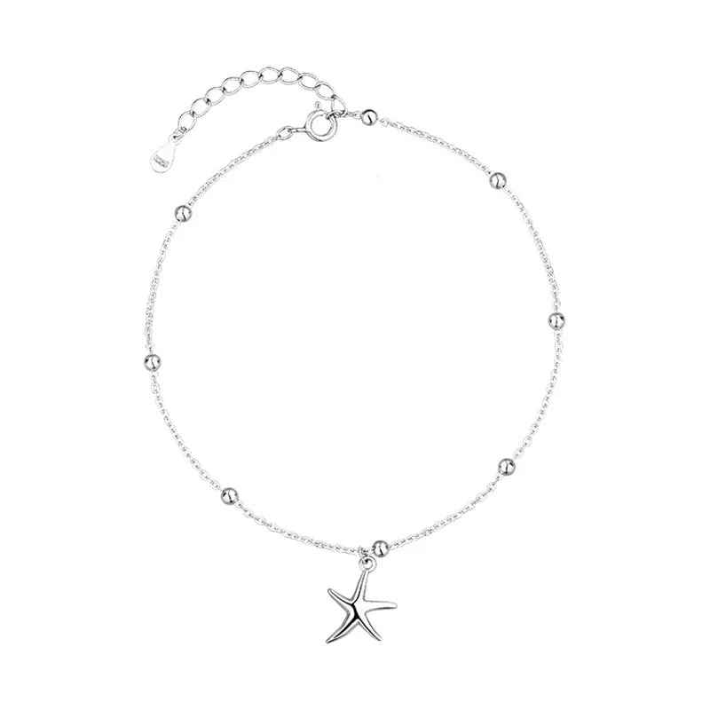 Women's sterling silver anklet with a starfish charm on a round bead chain