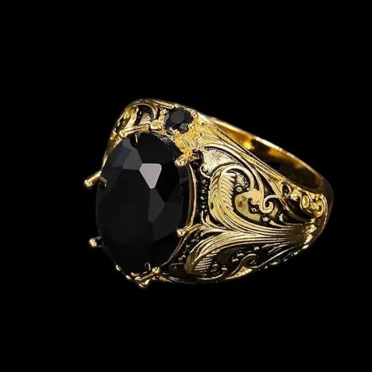 Men's silver geometric wide face ring with imitation ink colour gemstone ornament.