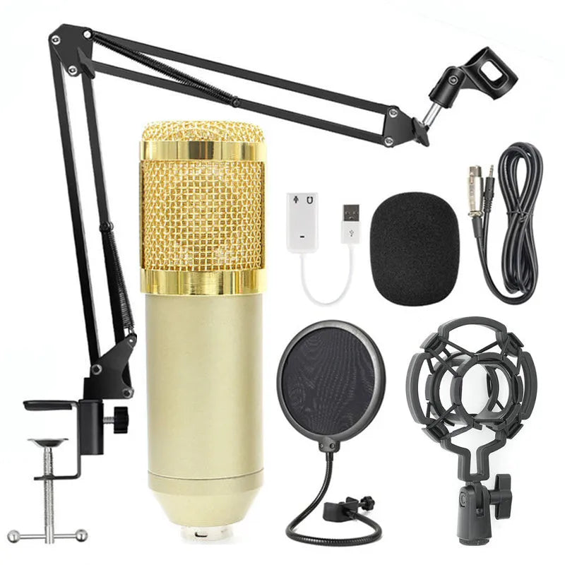 BM-800 condenser studio microphone with electroplated mesh head in choice of colours including black, silver, gold, and pink.
