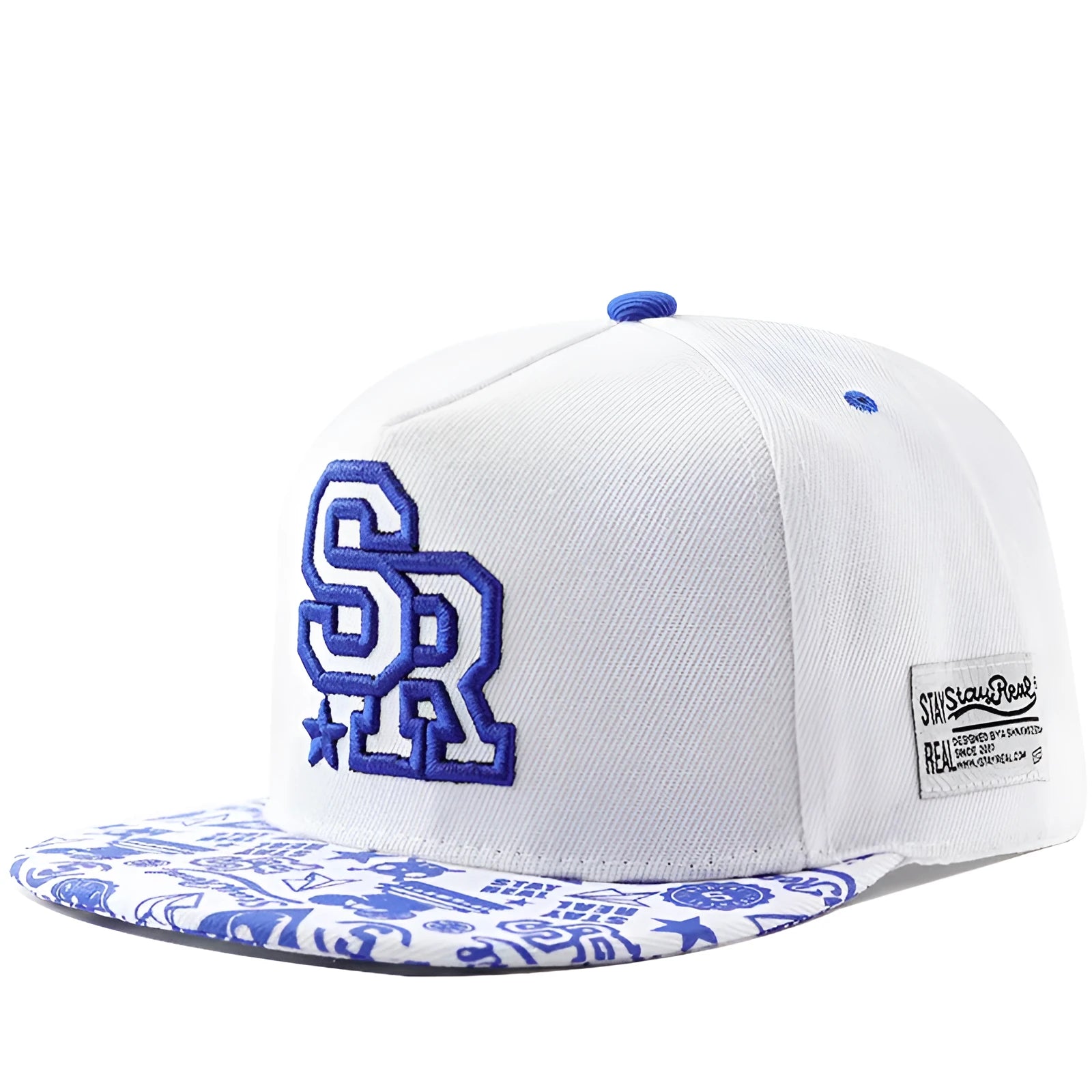 Cotton baseball cap with letter embroidery in SR White colour showing dome crown style