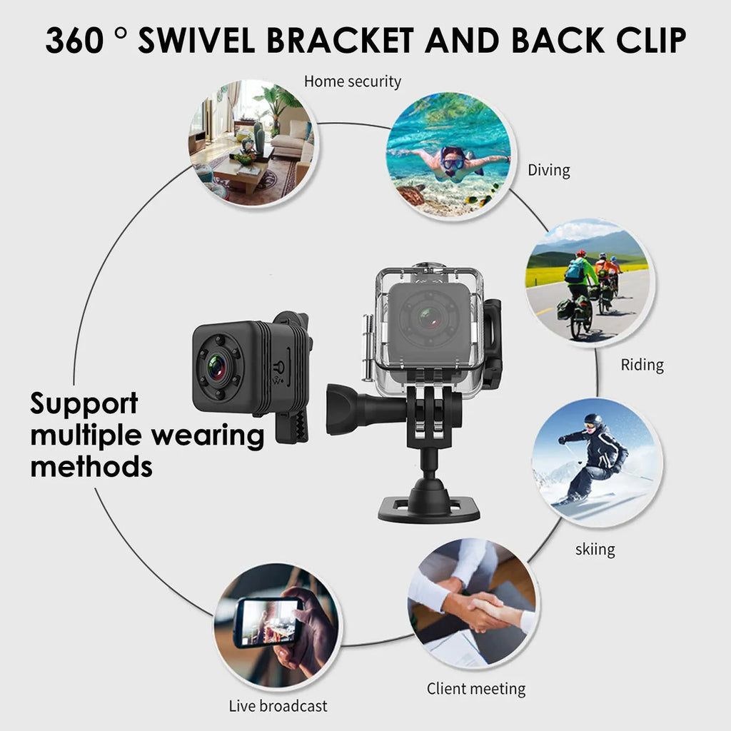 Black waterproof sports camera with MicroUSB port, for long-duration outdoor filming.