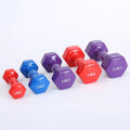 Bright colourful plastic dumbbells for home fitness workouts with glossy floor-protecting surface