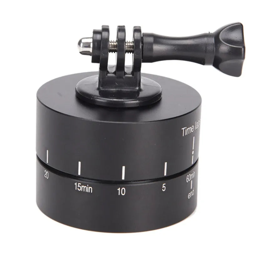 Lapse-compatible rotating tripod head base for automated camera panning on a video tripod.