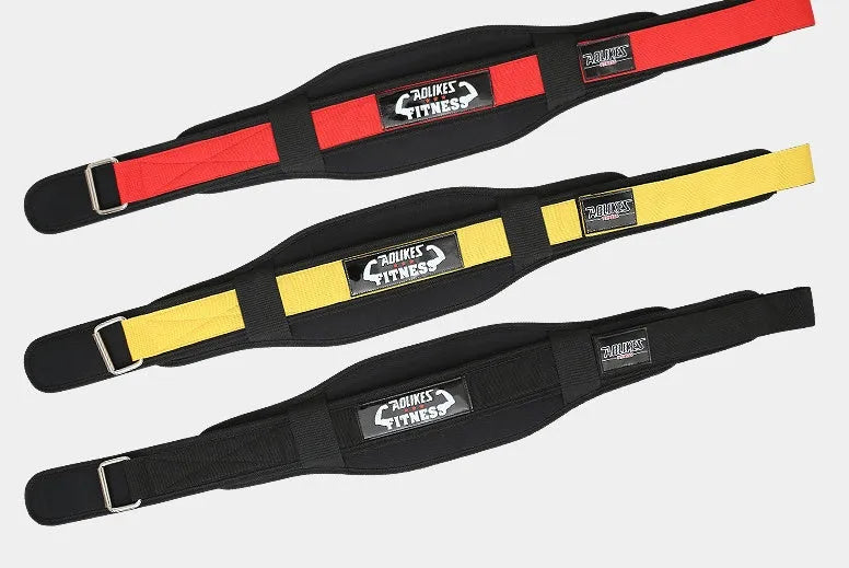 Nylon fitness weightlifting waistband in black, red and yellow colours with adjustable sizing