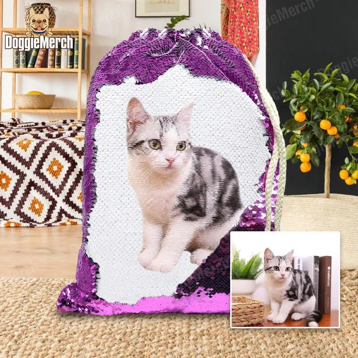 Custom purple sequin backpack with printed dog photo and drawstring closure