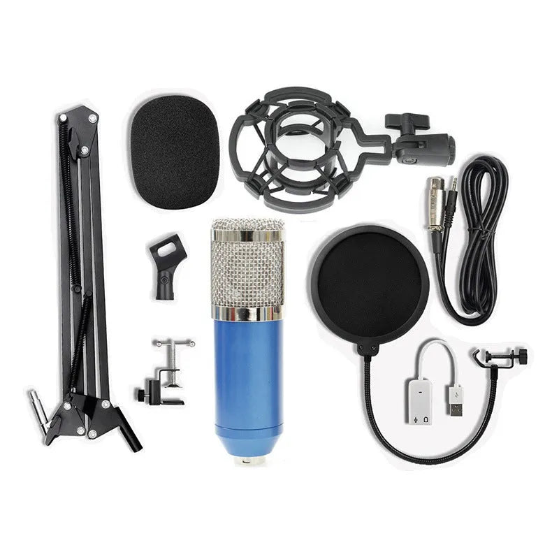 BM-800 condenser studio microphone with electroplated mesh head in choice of colours including black, silver, gold, and pink.