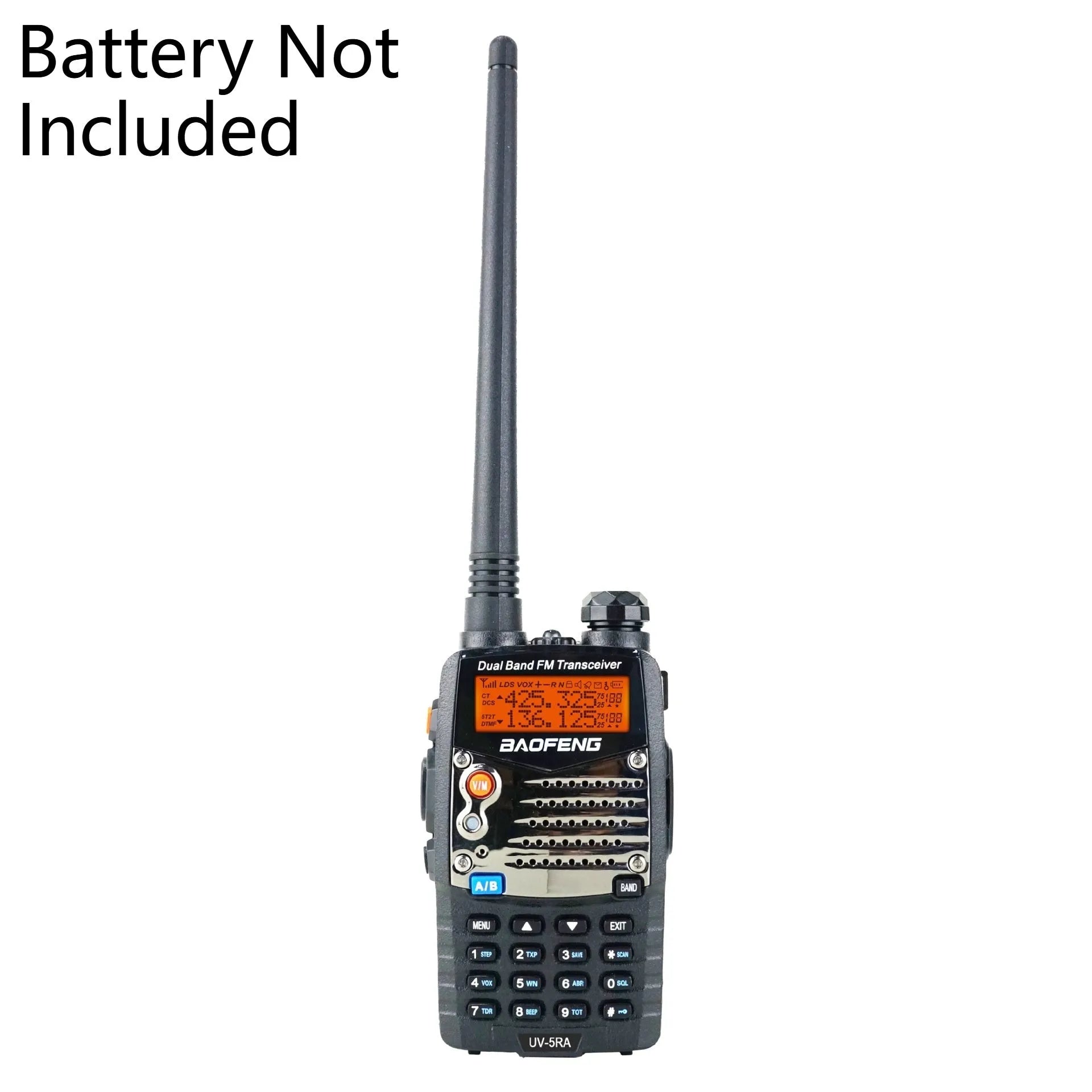 Baofeng UV-5RA dual display two-way radio with optional headset configurations.