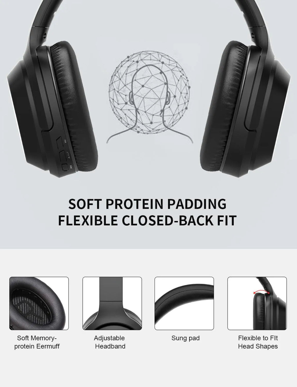 Black Gorsun E98 over-ear Bluetooth headphones with memory-protein cushions on headband.