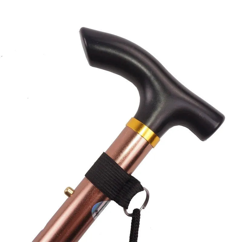 Aluminium folding walking stick extended to show height adjustment and non-slip rubber handle