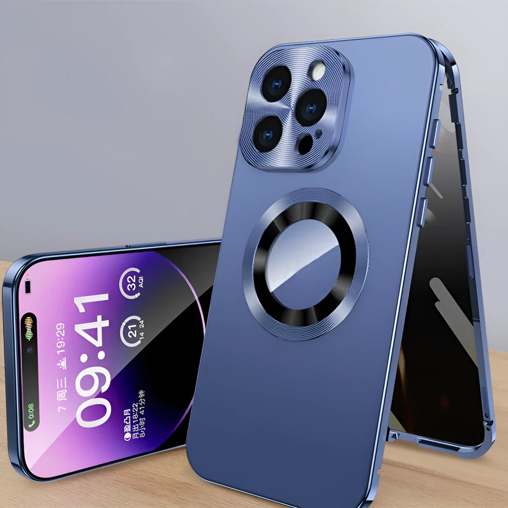 Magnetic iPhone case in black with metal belt clip and anti-peep sides, showing AirTag slot.