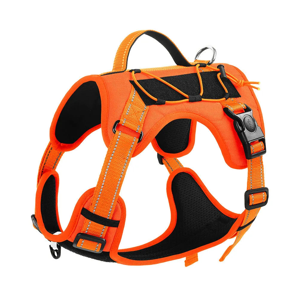 Orange reflective dog harness with an integrated black hand holding rope leash and explosion-proof breast strap.